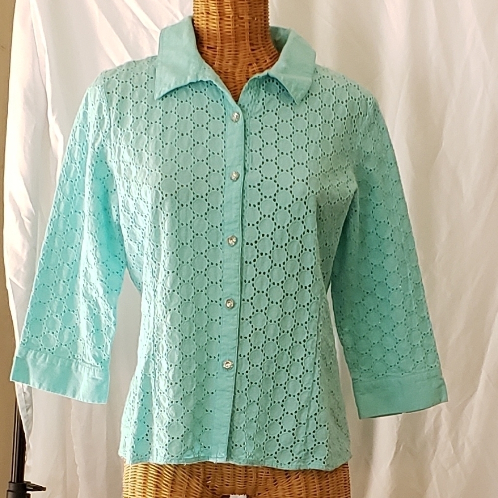 Ladies BIRCH HILL Eyelet Blouse in Turquoise- M